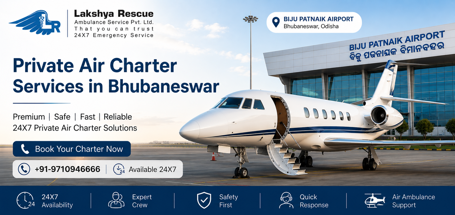 Private Air Charter Services in Bhubaneswar by Lakshya Rescue featuring a luxury private jet at Biju Patnaik Airport with 24x7 charter booking, expert crew, and emergency aviation support.