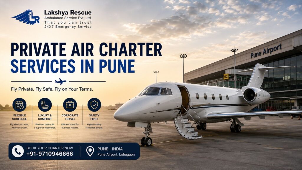 Private air charter services in Pune banner featuring a realistic luxury private jet parked at Pune Airport with premium aviation branding by Lakshya Rescue.