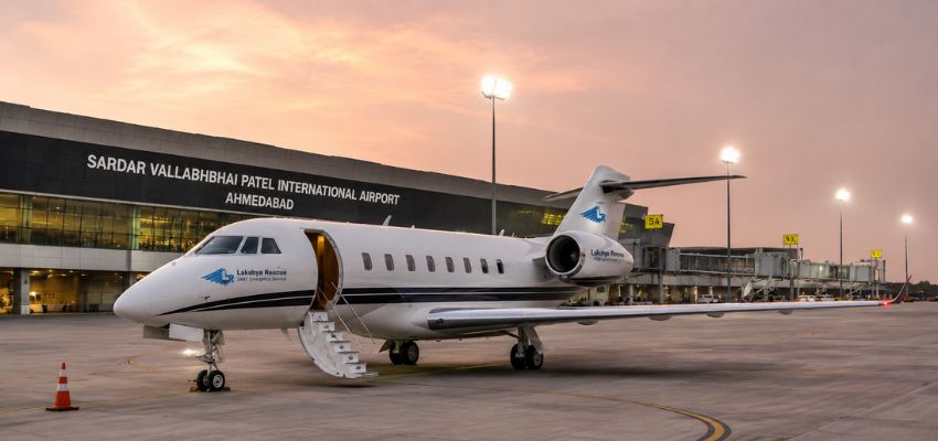 Luxury private jet charter at Ahmedabad Airport by Lakshya Rescue for business, VIP, and international air travel services.
