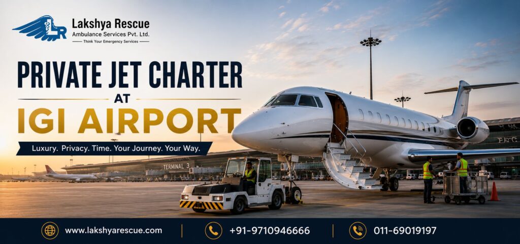 Private Jet Charter at IGI Airport by Lakshya Rescue featuring a luxury private jet at Indira Gandhi International Airport with premium corporate and VIP air charter services.