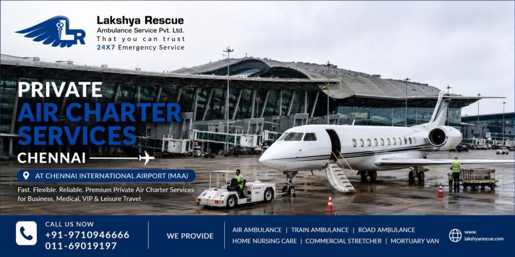 Private Air Charter Services in Chennai by Lakshya Rescue featuring a luxury private jet parked at Chennai International Airport (MAA) with premium business aviation and VIP travel solutions.