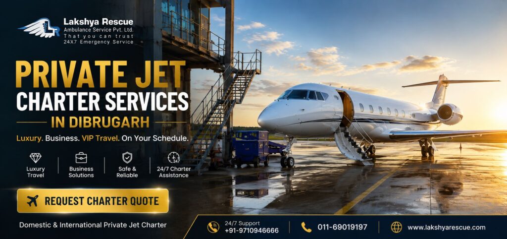 Private Jet Charter Services in Dibrugarh with luxury business jet at airport terminal by Lakshya Rescue Ambulance Services Pvt. Ltd.