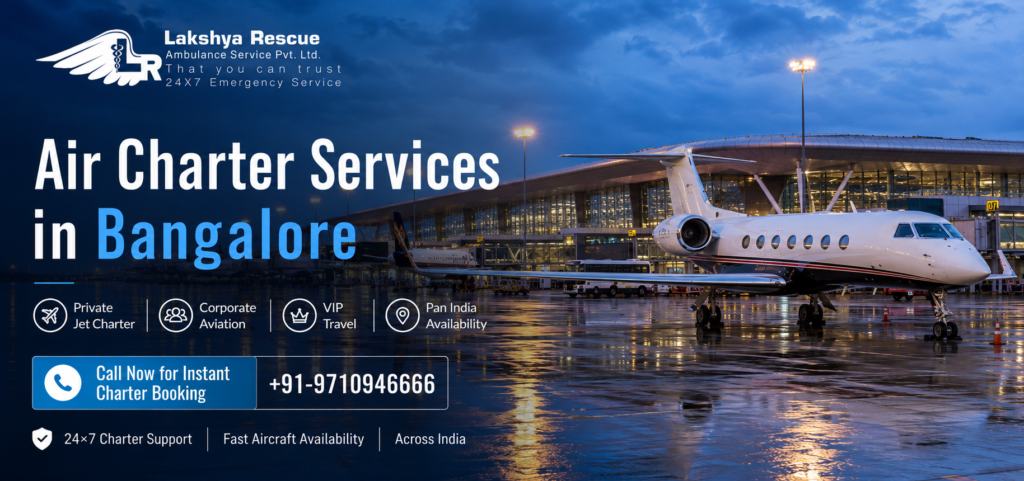 Air Charter Services in Bangalore by Lakshya Rescue featuring a luxury private jet parked at Kempegowda International Airport with corporate aviation, VIP travel, and pan-India charter services.