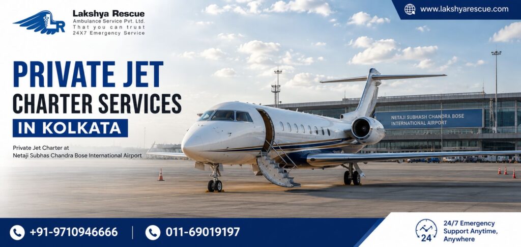 Private Jet Charter Services in Kolkata by Lakshya Rescue at Netaji Subhas Chandra Bose International Airport with a luxury private jet on the airport apron.